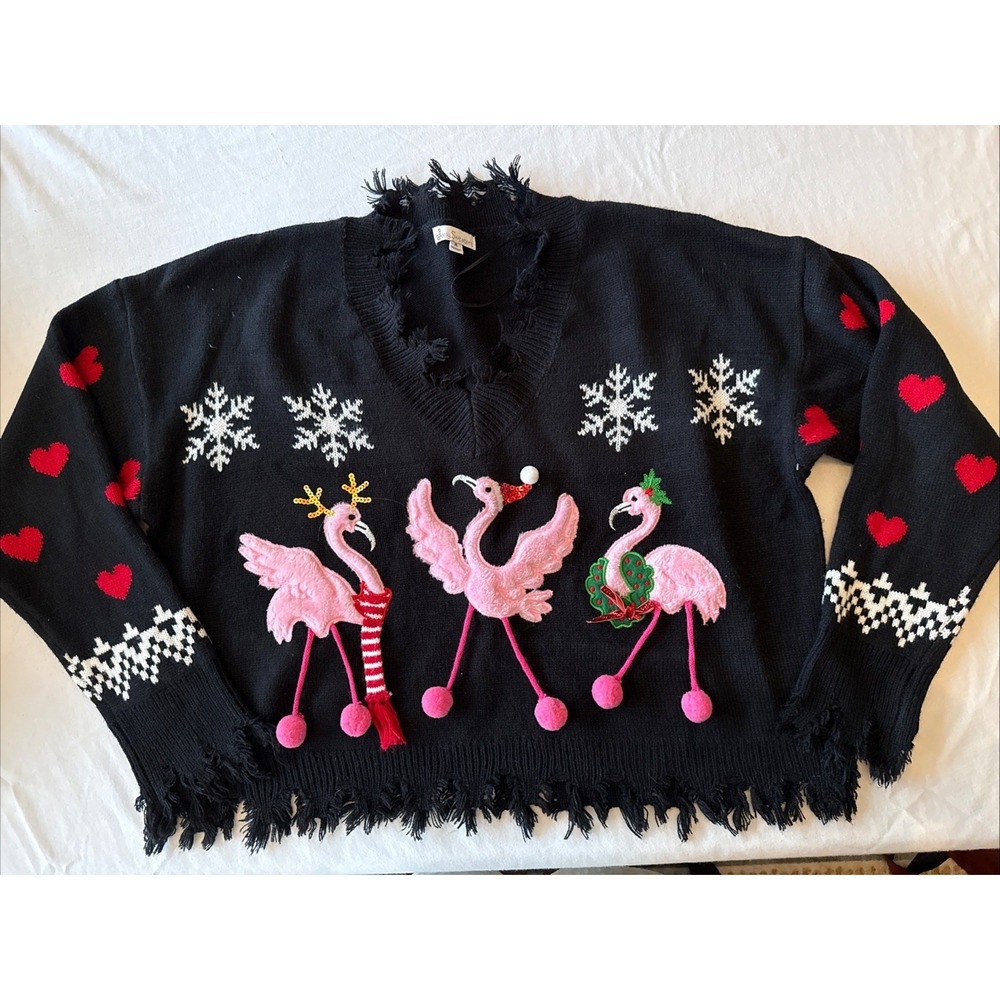 Jolly Sweaters Pink Flamingos Christmas Crop Sweater Women's XL Black Holiday